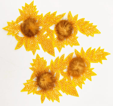 Yellow Hand Embroidered Floral Applique, Beaded Floral Motif With Feather Pom Pom, 1 Pc